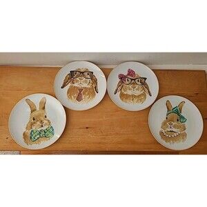 Set 4 Pier One Imports Spring Time Salad Plates Bunnies Rabbits 8” Boxed